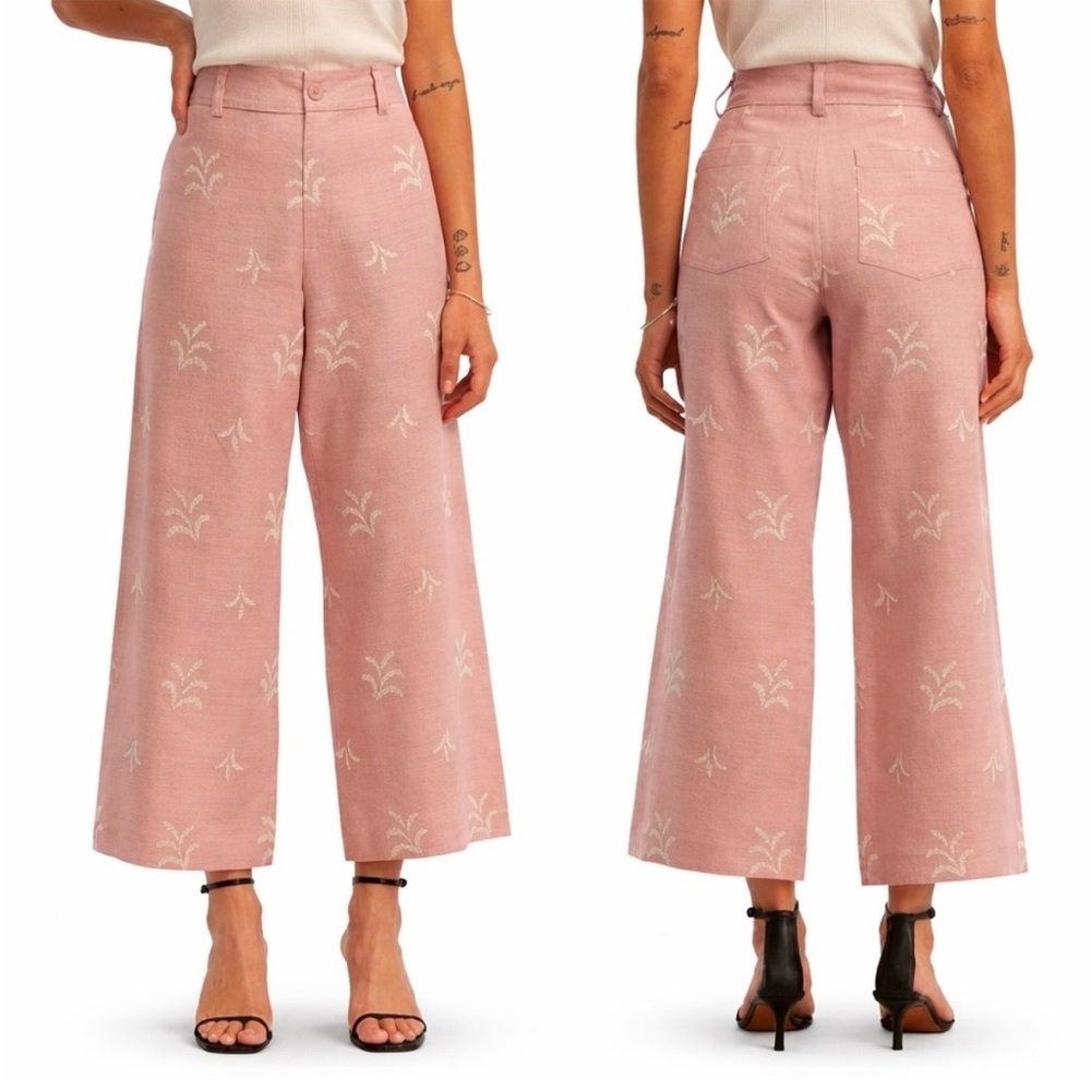 Elie Tahari Pink Linen Embroidered Wide Leg Pants Cropped High Rise Size 4